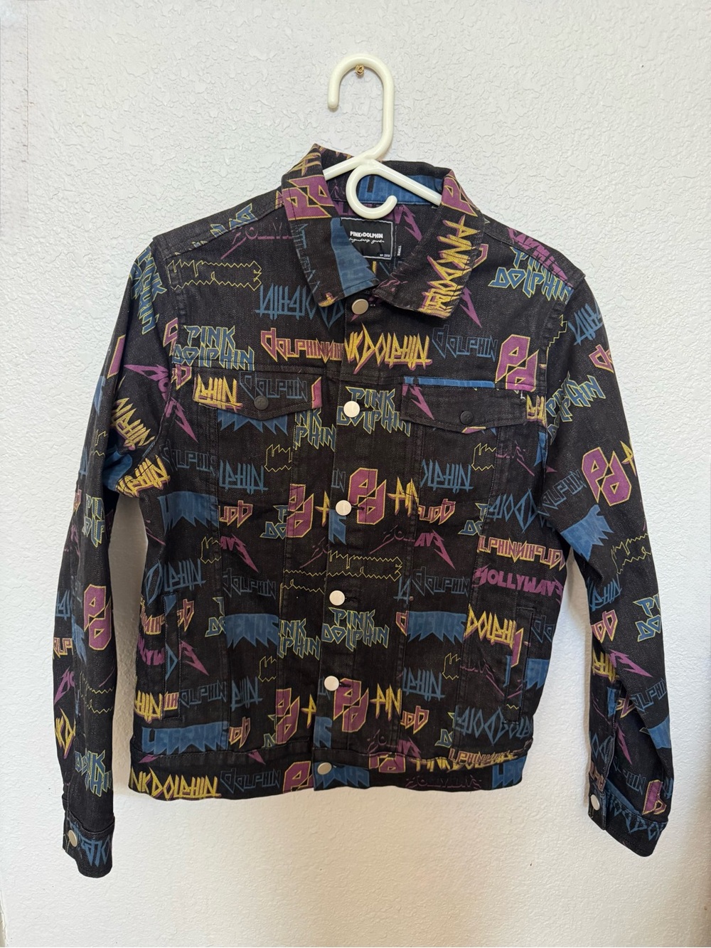 Pink + Dolphin Small Black Graphic Logo Button-Up Jacket